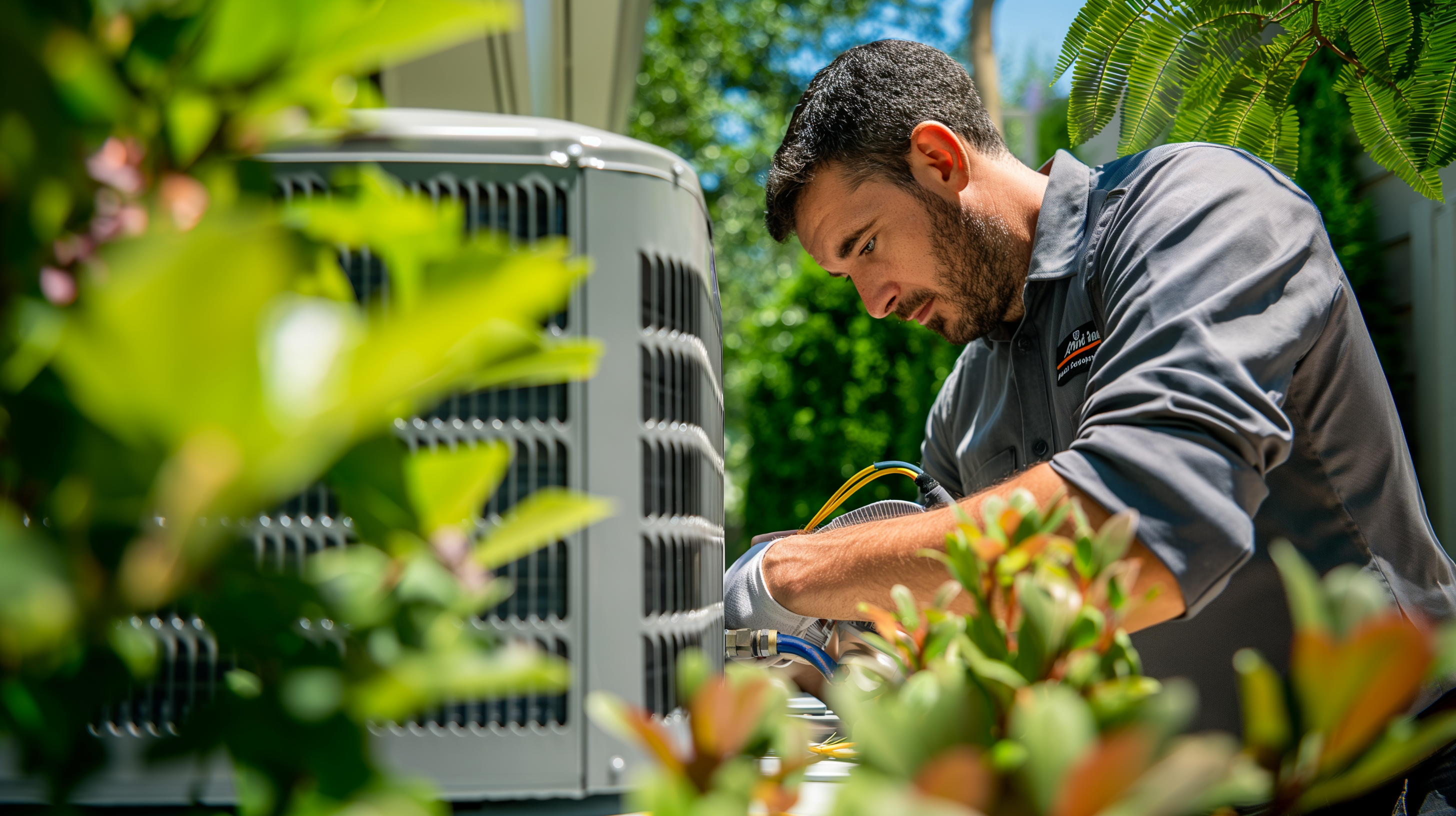 L'image montre un technicien travaillant sur une unité de climatisation à l'extérieur, entouré de végétation. Il est concentré sur sa tâche, ajustant des tuyaux ou des câbles, et porte des gants de protection. La scène se déroule par une journée ensoleillée, ce qui illumine les plantes et les arbustes qui encadrent l'image, ajoutant une touche de nature à ce contexte de travail technique. L'arrière-plan montre une verdure luxuriante, soulignant l'aspect extérieur de l'intervention.