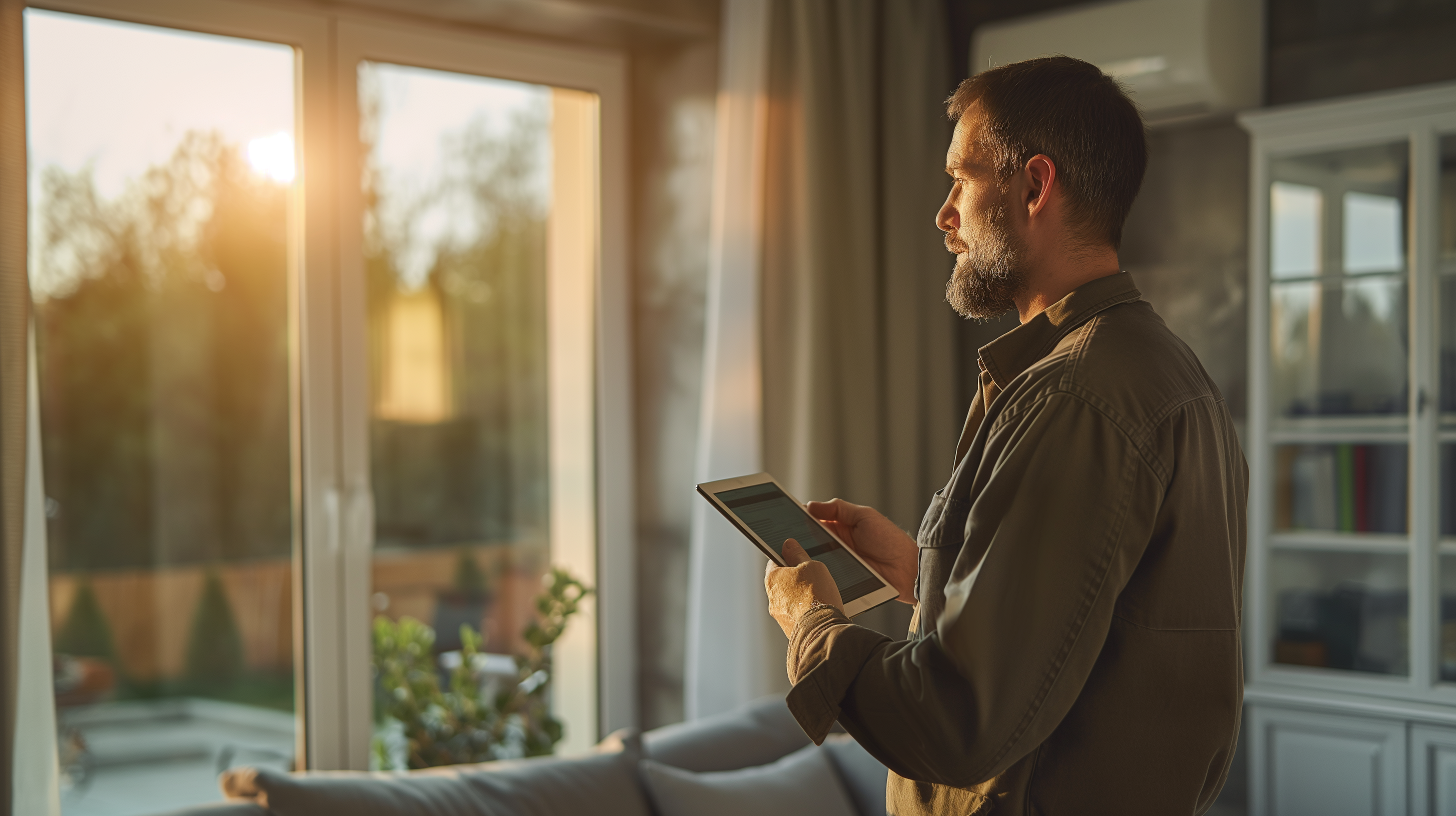 L'image montre un homme debout près d'une grande fenêtre, baigné dans la lumière chaude d'un coucher de soleil. Il tient une tablette dans ses mains, apparemment en train de lire ou d'utiliser un appareil numérique. En arrière-plan, on peut voir une pièce élégante avec des rideaux et des meubles modernes, et à travers la fenêtre, il y a une vue sur un jardin ou une cour extérieure. Cette scène évoque un moment de calme et de réflexion, avec un éclairage naturel doux qui donne une atmosphère chaleureuse et sereine.