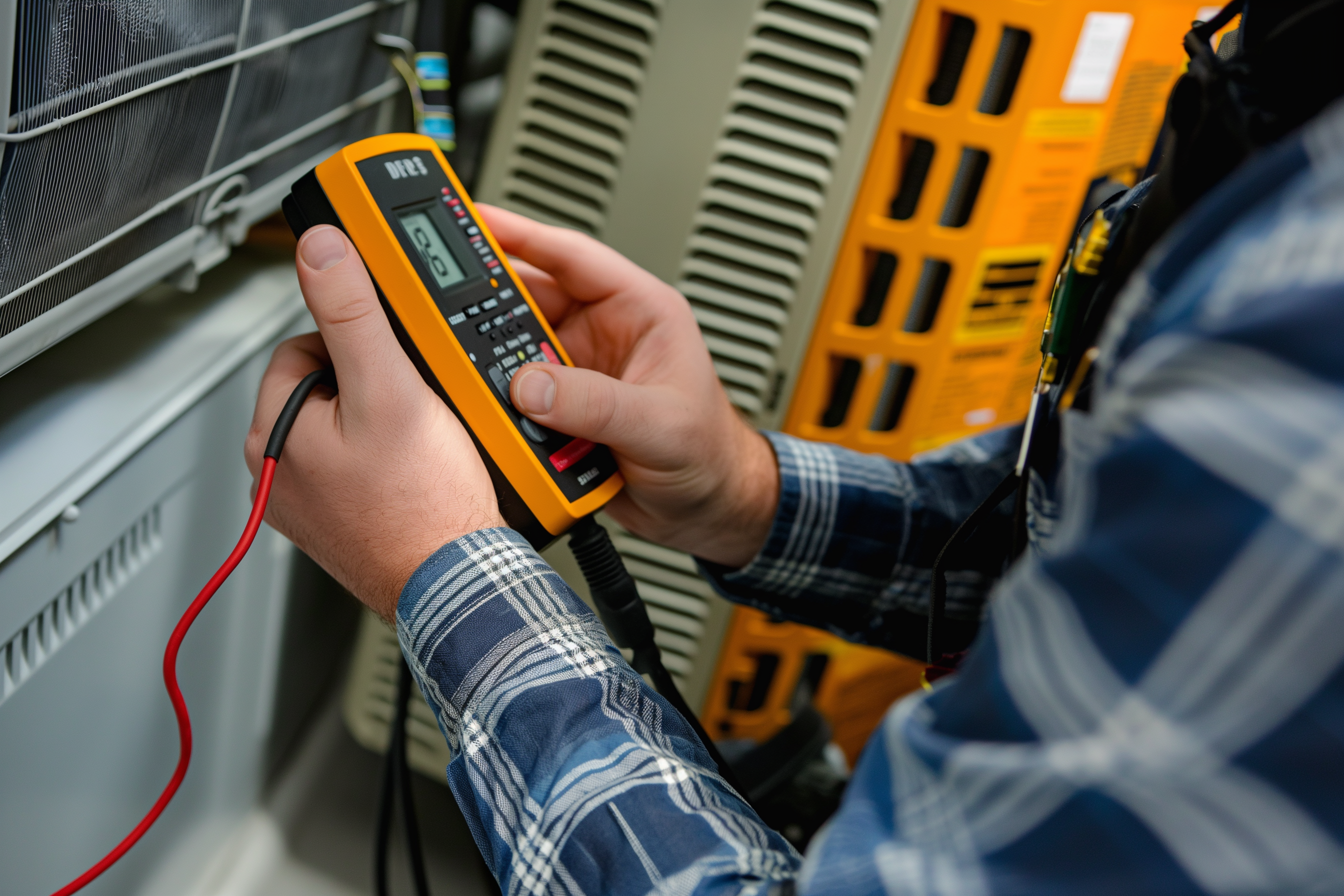 L'image montre un technicien utilisant un multimètre pour tester ou diagnostiquer une unité de climatisation ou un autre équipement technique. Le technicien tient l'appareil de mesure dans ses mains, vérifiant les lectures sur un écran numérique. Il porte une chemise à carreaux et est entouré de l'équipement sur lequel il travaille, avec des câbles connectés. La scène évoque une situation de réparation ou d'entretien, avec un focus sur la précision et l'attention aux détails.